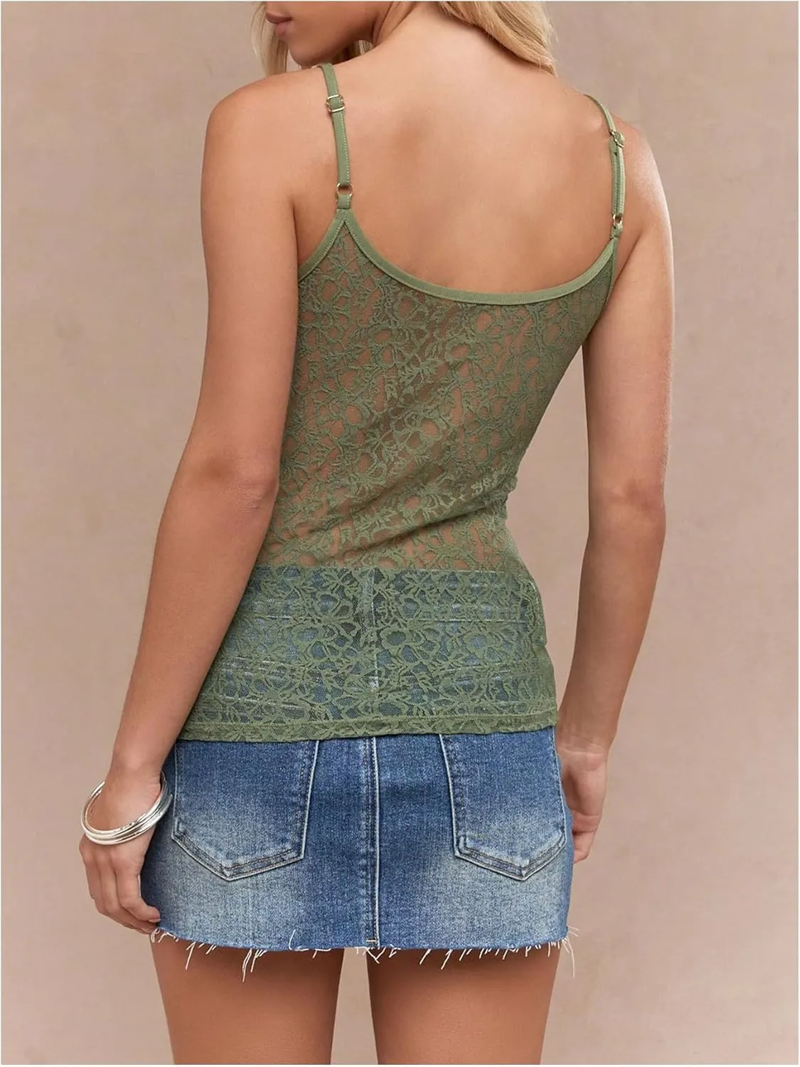 OYOANGLE Women's Lace Sheer Scoop Neck Cami Top Spaghetti Strap Tank Tops Slim Fitted Camisole