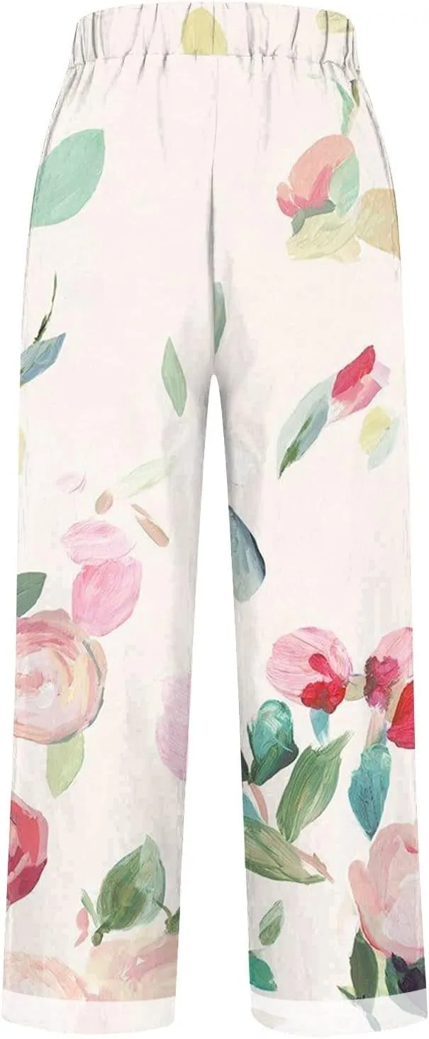 Pants for Women Casual Summer Drawstring Lightweight Elastic High Waist Linen Pants Straight Wide Leg Capris