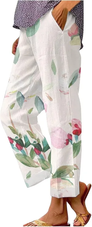 Pants for Women Casual Summer Drawstring Lightweight Elastic High Waist Linen Pants Straight Wide Leg Capris