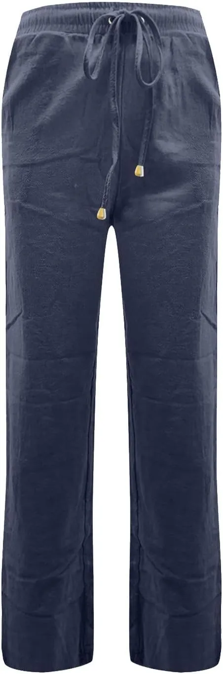 Pants for Women, Cotton Linen High Waisted Pants Straight Leg Wide Smocked