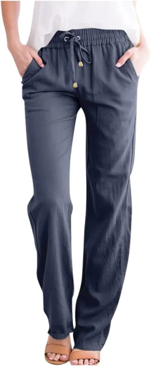 Pants for Women, Cotton Linen High Waisted Pants Straight Leg Wide Smocked