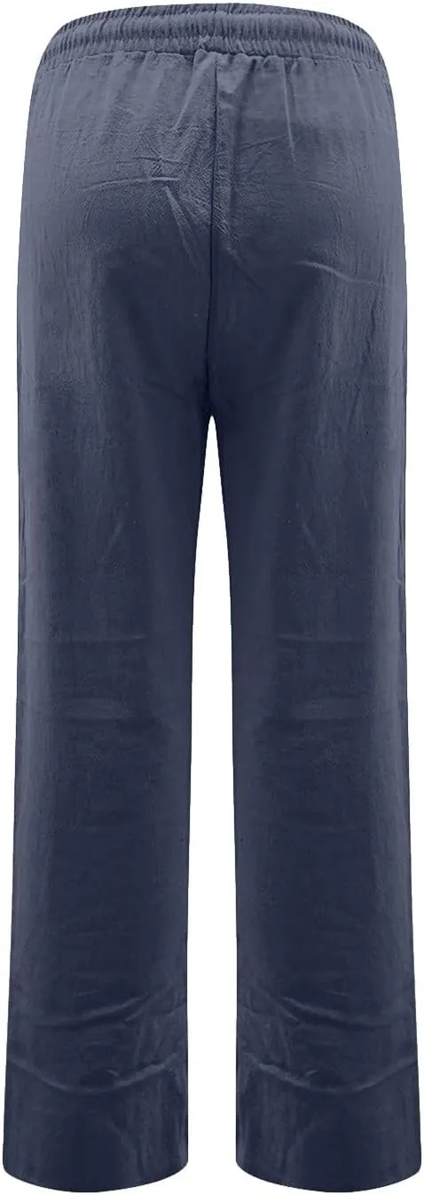 Pants for Women, Cotton Linen High Waisted Pants Straight Leg Wide Smocked