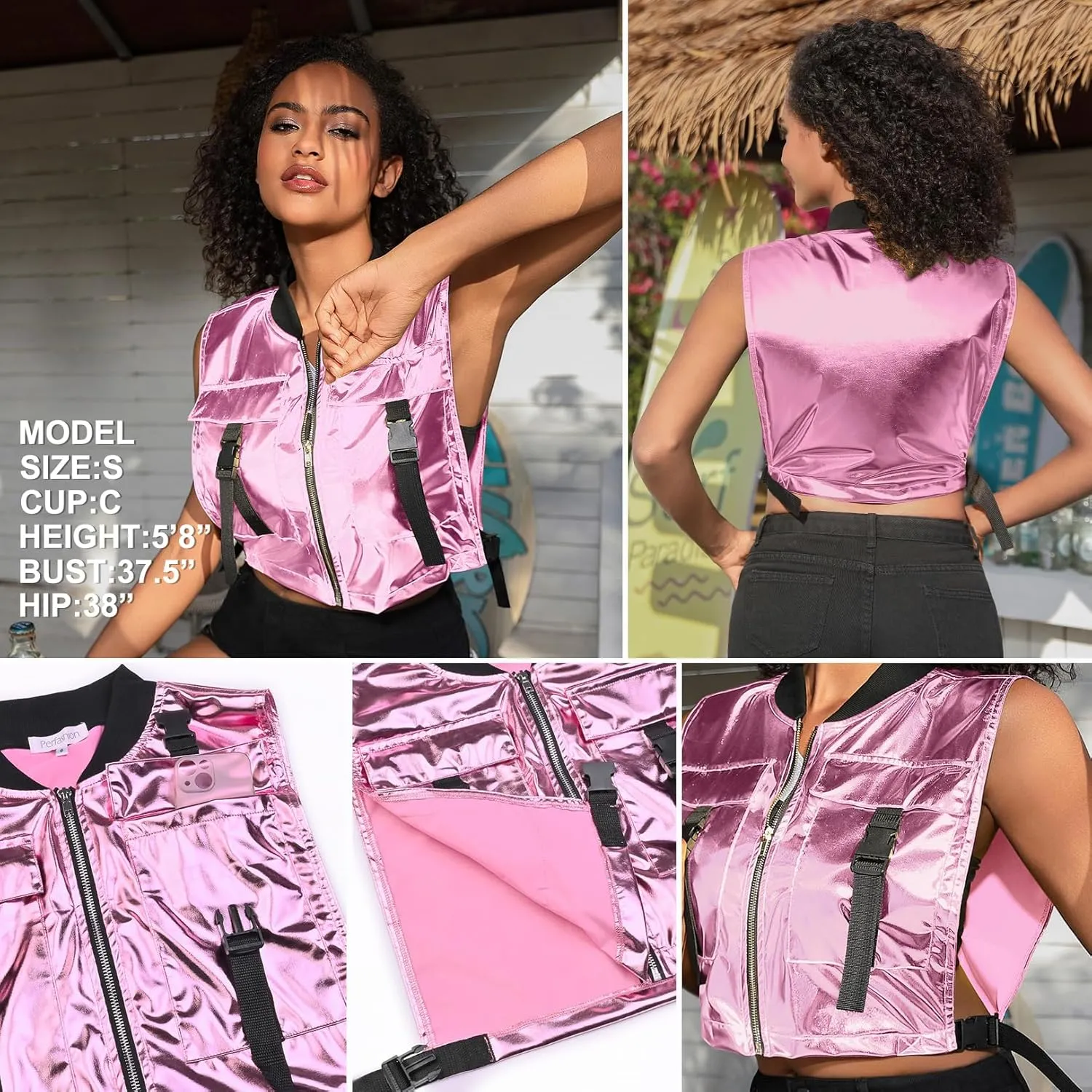 Perfashion Cropped Vest For Women Buckle Zip Up Metallic Cargo Cyberpunk Jacket With Pockets Streetwear Rave Outfit