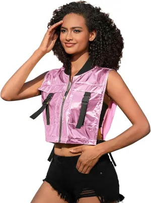 Perfashion Cropped Vest For Women Buckle Zip Up Metallic Cargo Cyberpunk Jacket With Pockets Streetwear Rave Outfit