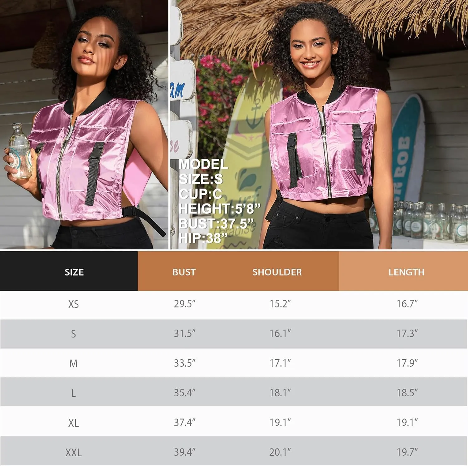 Perfashion Cropped Vest For Women Buckle Zip Up Metallic Cargo Cyberpunk Jacket With Pockets Streetwear Rave Outfit