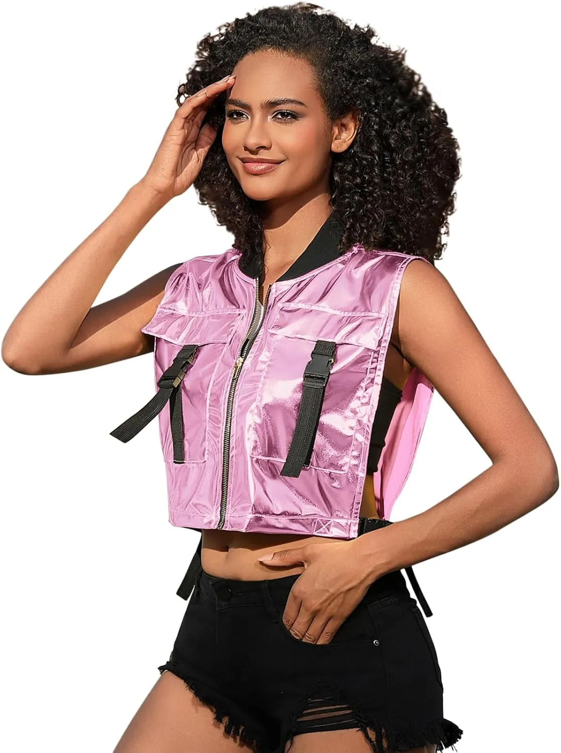 Perfashion Cropped Vest For Women Buckle Zip Up Metallic Cargo Cyberpunk Jacket With Pockets Streetwear Rave Outfit