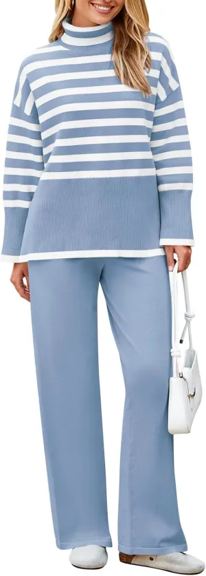 Pink Queen Lounge Sets For Women Two Pieces Long Sleeve Striped Sweater and Wide Leg Pants Tracksuit