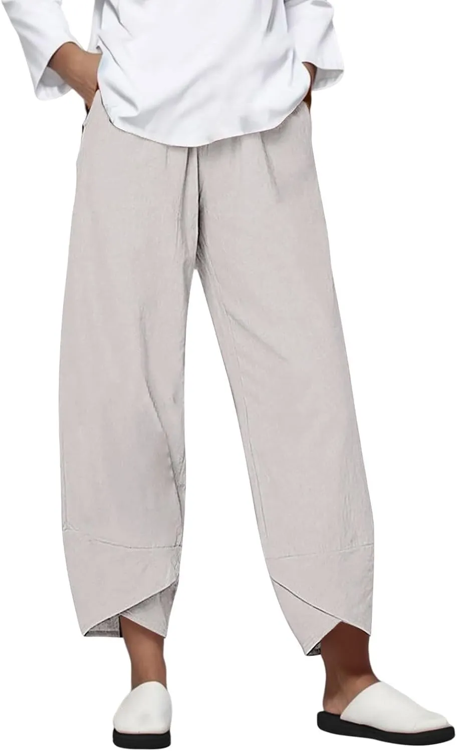 Plus Size Linen Pants for Women Pull On Drawstring Comfy Casual Summer Baggy Flowy Lounge Cropped Trousers with Pockets