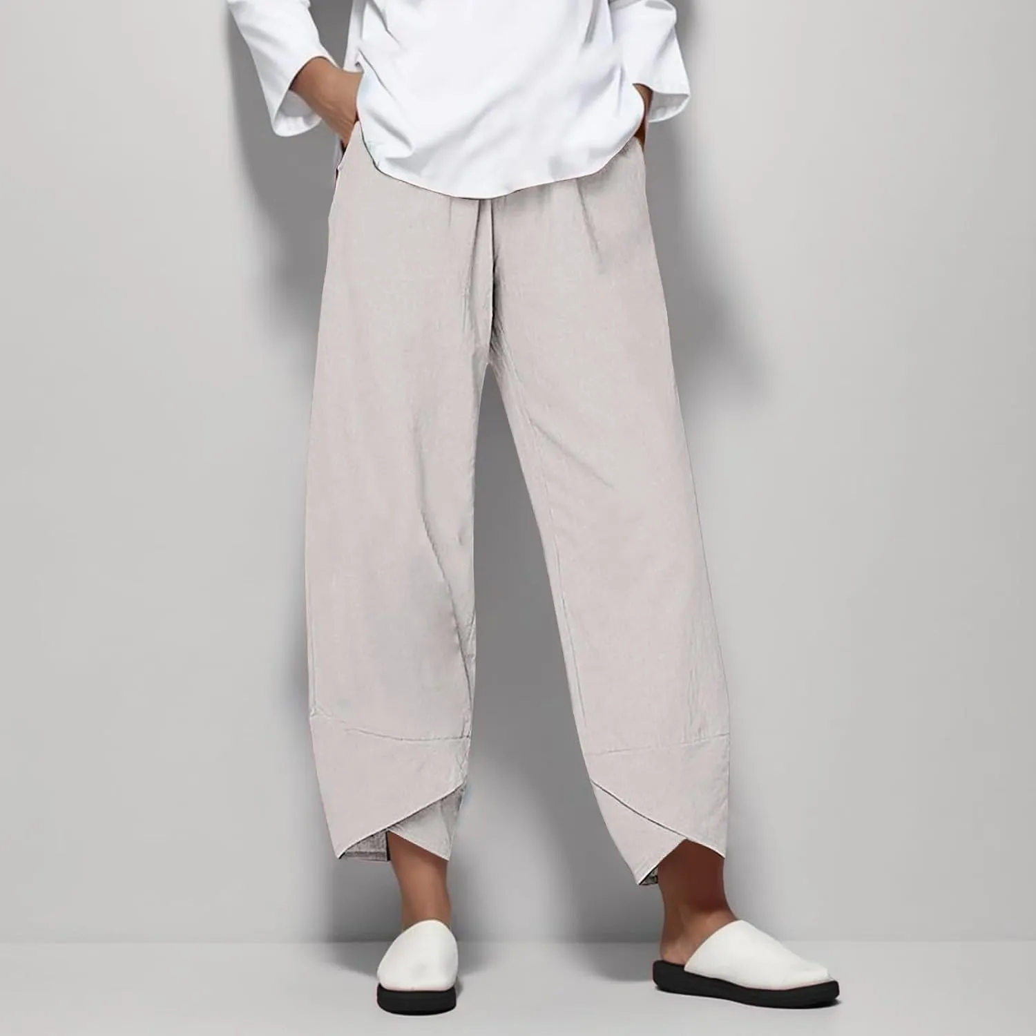 Plus Size Linen Pants for Women Pull On Drawstring Comfy Casual Summer Baggy Flowy Lounge Cropped Trousers with Pockets