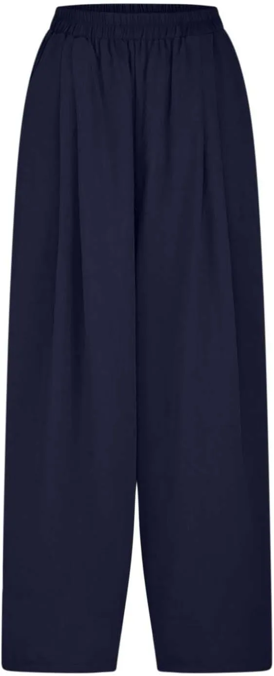 Plus Size Spring Cotton Linen Trousers for Women's Solid Elastic Waist Straight Tube Casual Wide Leg Lounge Pants