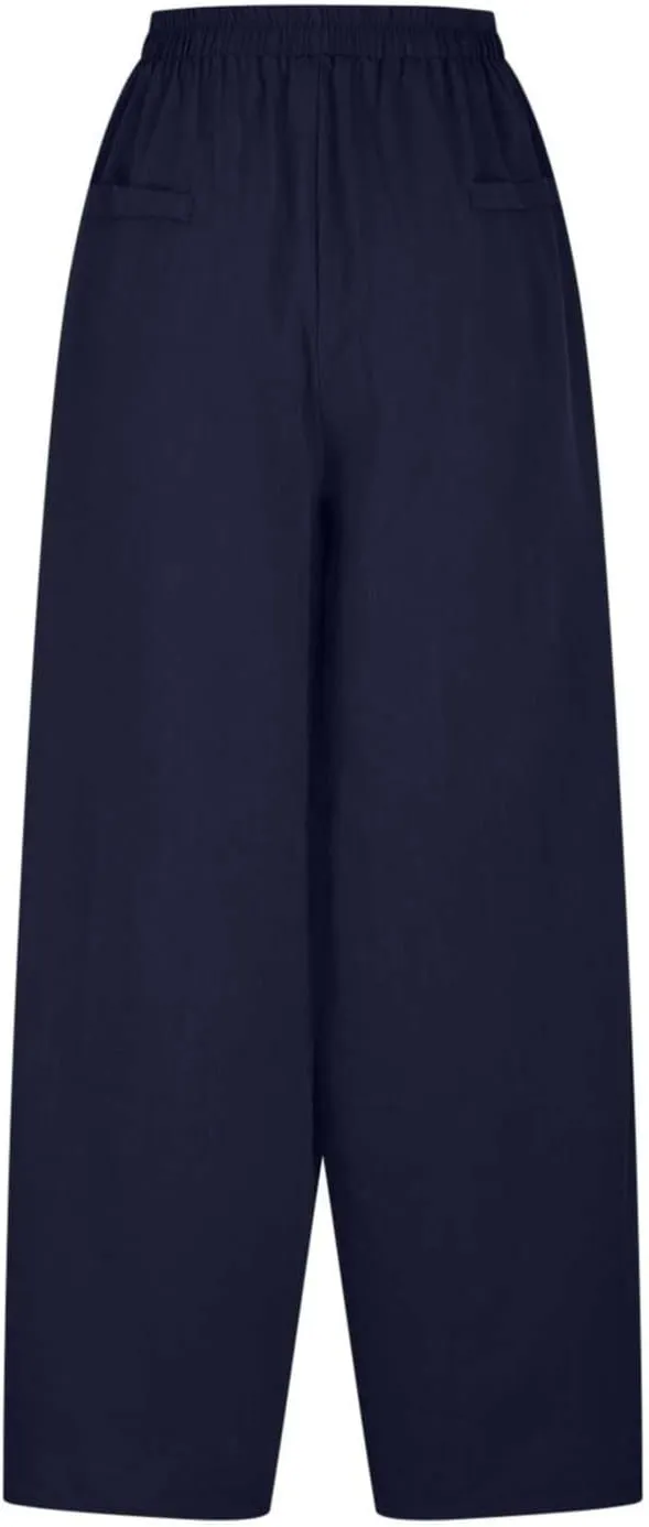Plus Size Spring Cotton Linen Trousers for Women's Solid Elastic Waist Straight Tube Casual Wide Leg Lounge Pants