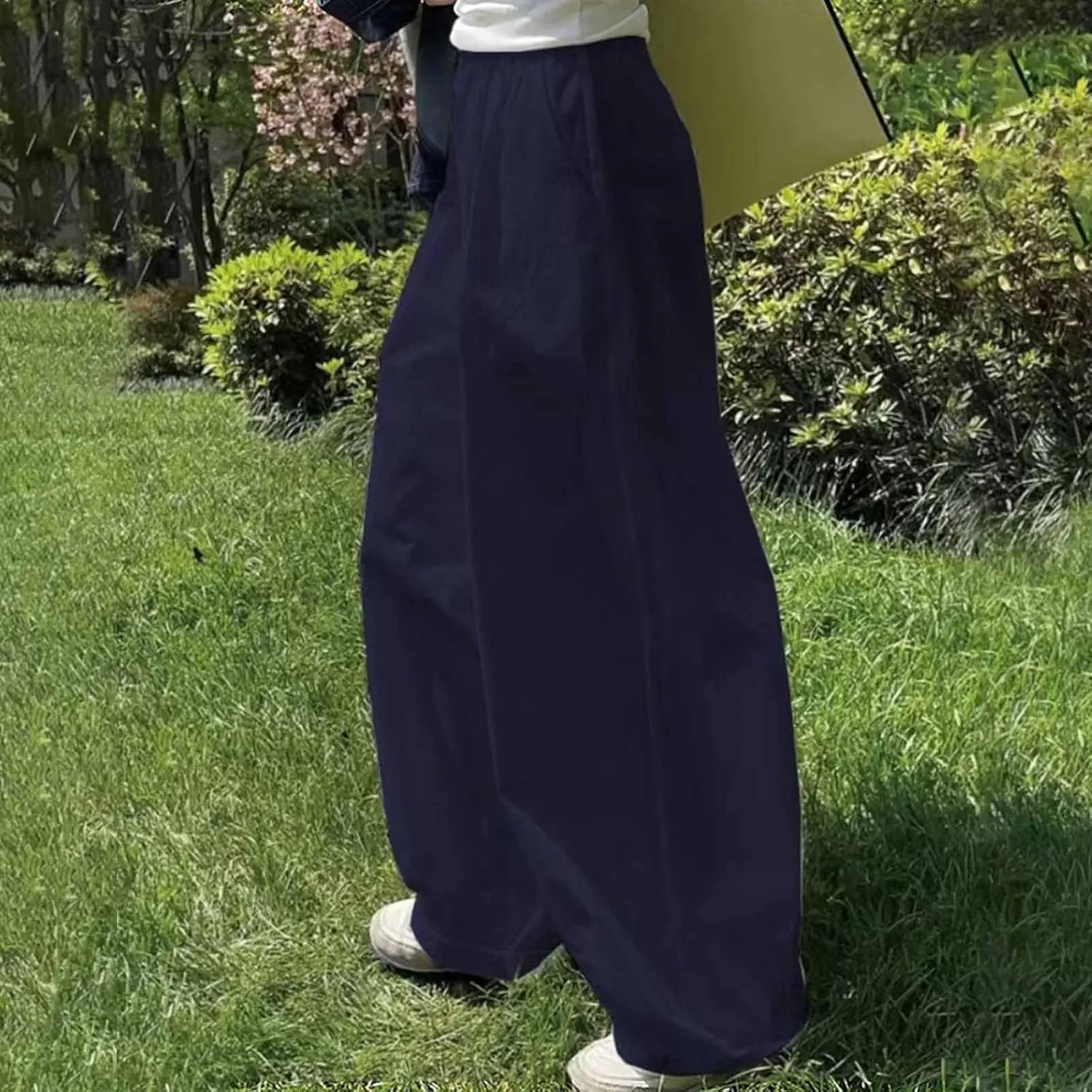 Plus Size Spring Cotton Linen Trousers for Women's Solid Elastic Waist Straight Tube Casual Wide Leg Lounge Pants