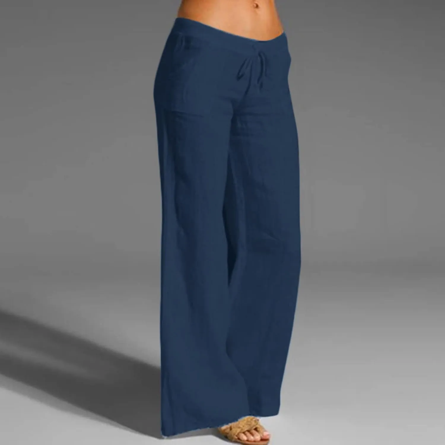 Plus Size Trousers for Women Drawstring Causal Solid Color Long Pants Summer Comfy Classic Basic Lounge Pants with Pockets