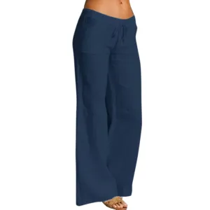 Plus Size Trousers for Women Drawstring Causal Solid Color Long Pants Summer Comfy Classic Basic Lounge Pants with Pockets
