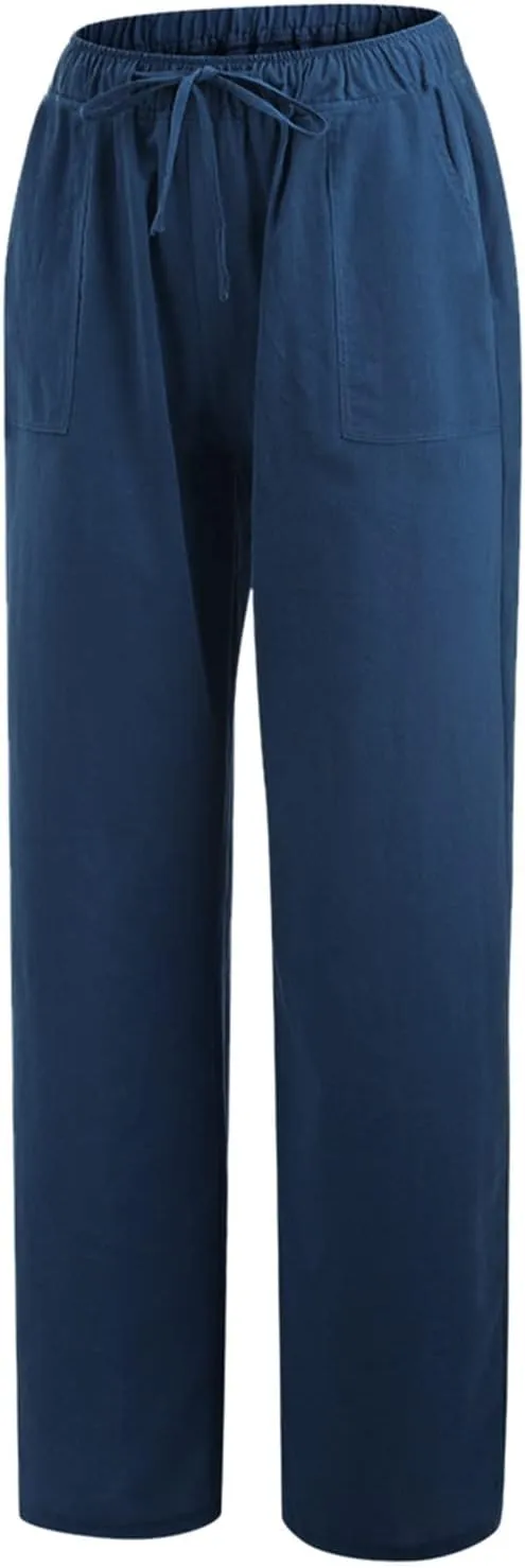 Plus Size Trousers for Women Drawstring Causal Solid Color Long Pants Summer Comfy Classic Basic Lounge Pants with Pockets