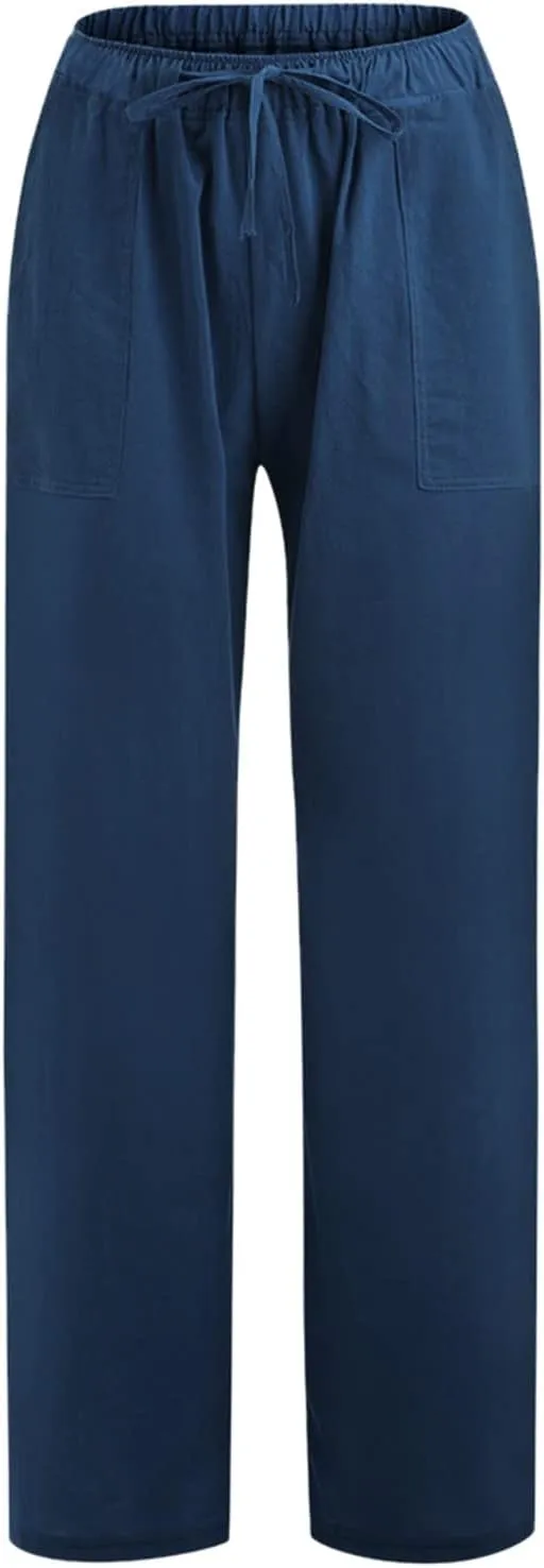 Plus Size Trousers for Women Drawstring Causal Solid Color Long Pants Summer Comfy Classic Basic Lounge Pants with Pockets