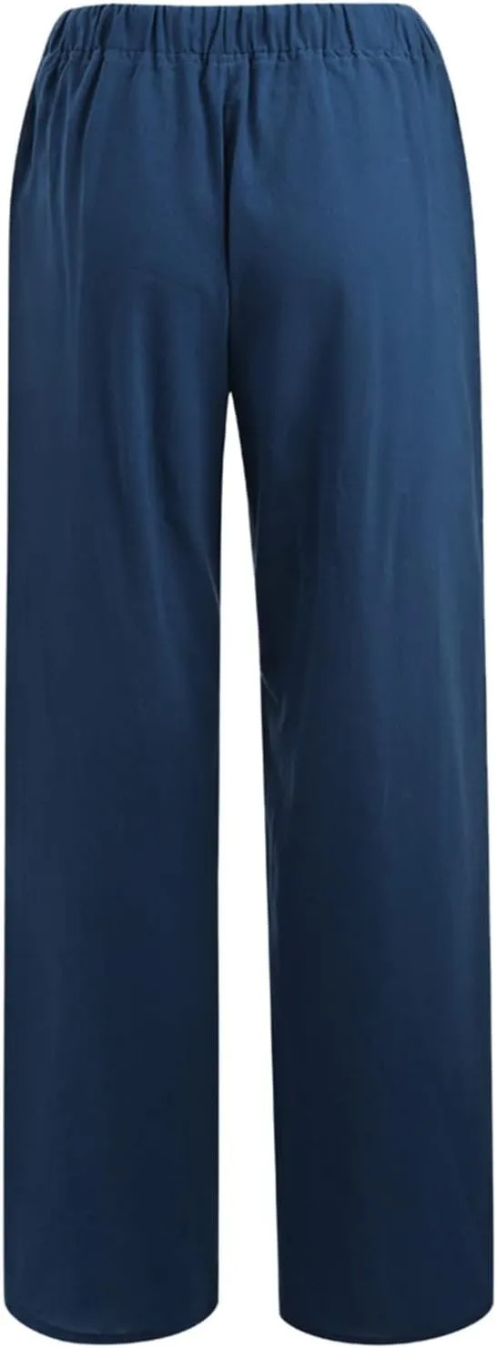 Plus Size Trousers for Women Drawstring Causal Solid Color Long Pants Summer Comfy Classic Basic Lounge Pants with Pockets