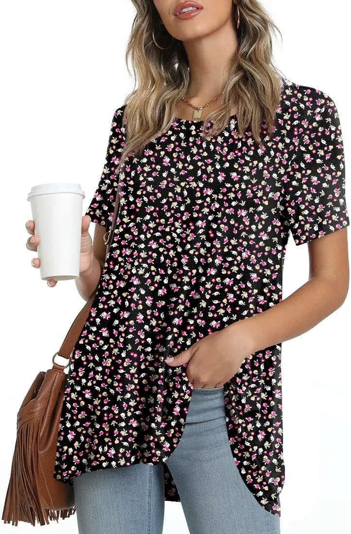POPYOUNG Women's Summer Long Tunic Top To Wear With Leggings Short Sleeve Shirt Loose Fit Dressy