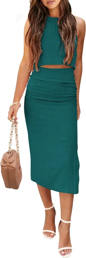 PRETTYGARDEN Women's 2 Piece Summer Outfits Crewneck Tank Tops Split Bodycon Midi Skirt Set