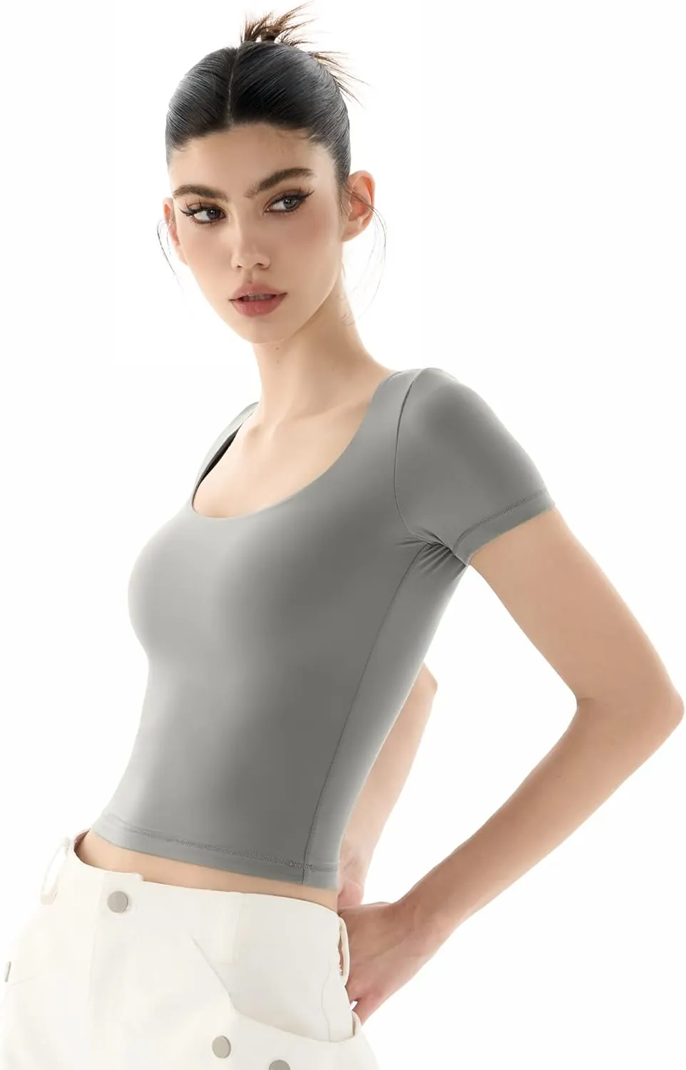 PUMIEY Women's Scoop Neck Short Sleeve T Shirt Slim Fit Sexy Tops Smoke Cloud Collection