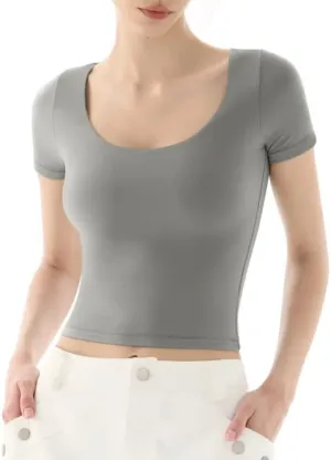 PUMIEY Women's Scoop Neck Short Sleeve T Shirt Slim Fit Sexy Tops Smoke Cloud Collection