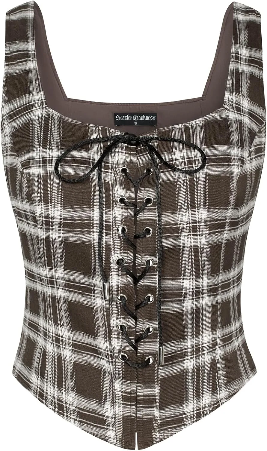 Scarlet Darkness Women's Renaissance Pirate Vest Plaid Steampunk Costume Waistcoat