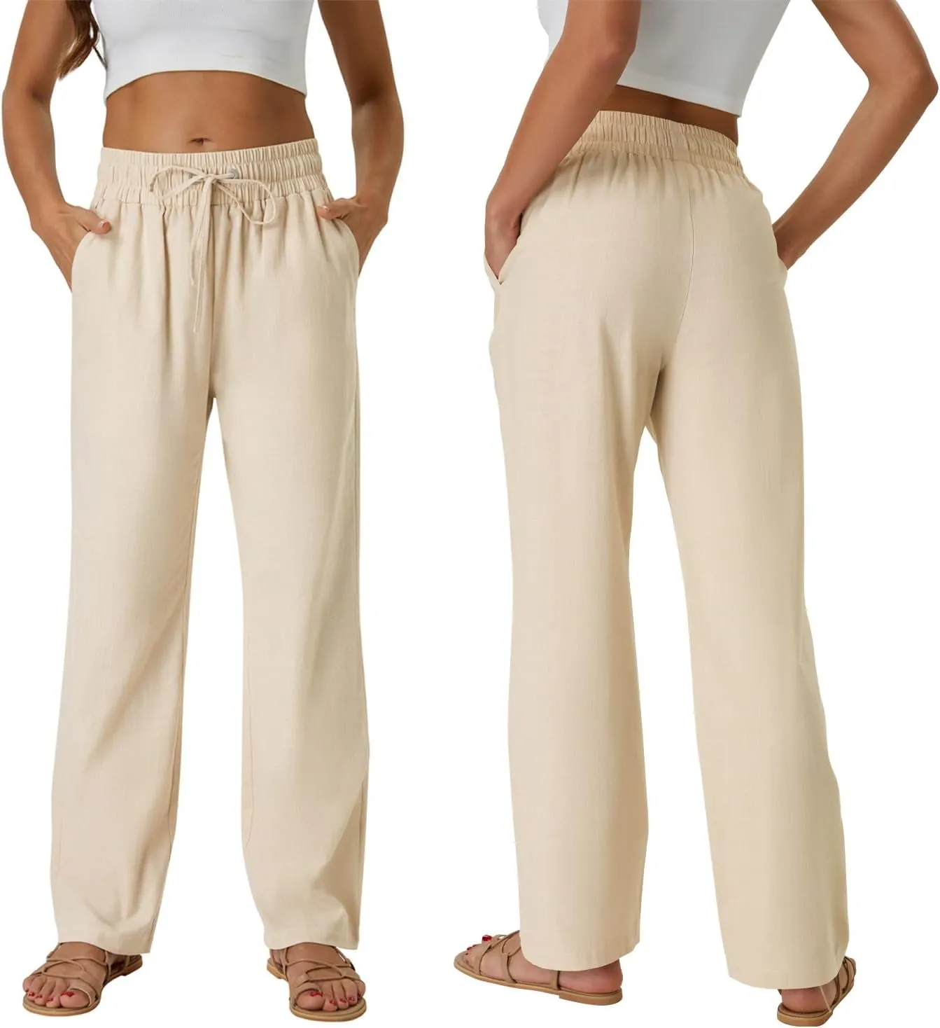 SEMARO Womens Casual Linen High Waist Pants Drawstring Loose Fit Summer Pants Trousers with Side Pockets