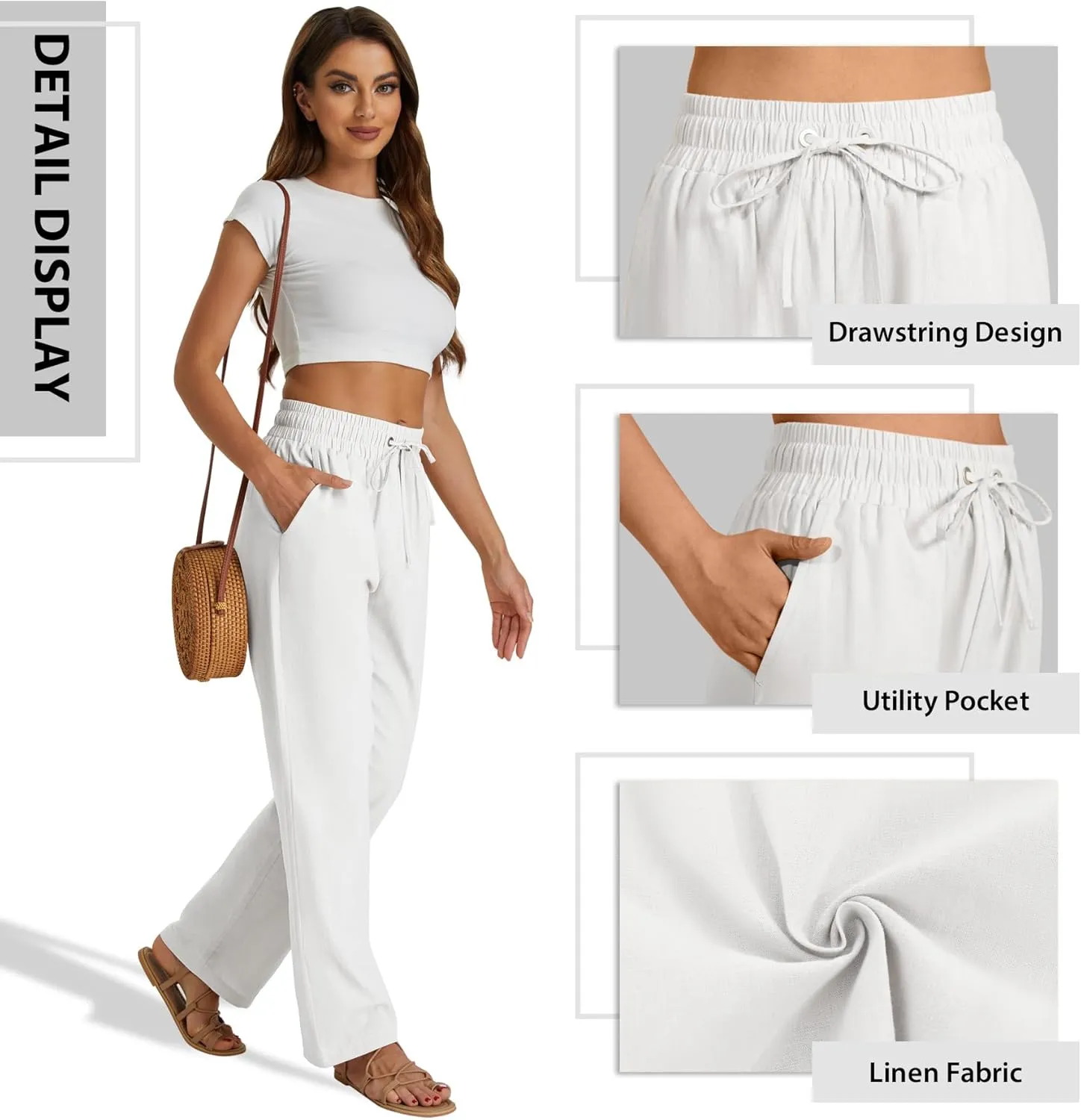 SEMARO Womens Casual Linen High Waist Pants Drawstring Loose Fit Summer Pants Trousers with Side Pockets