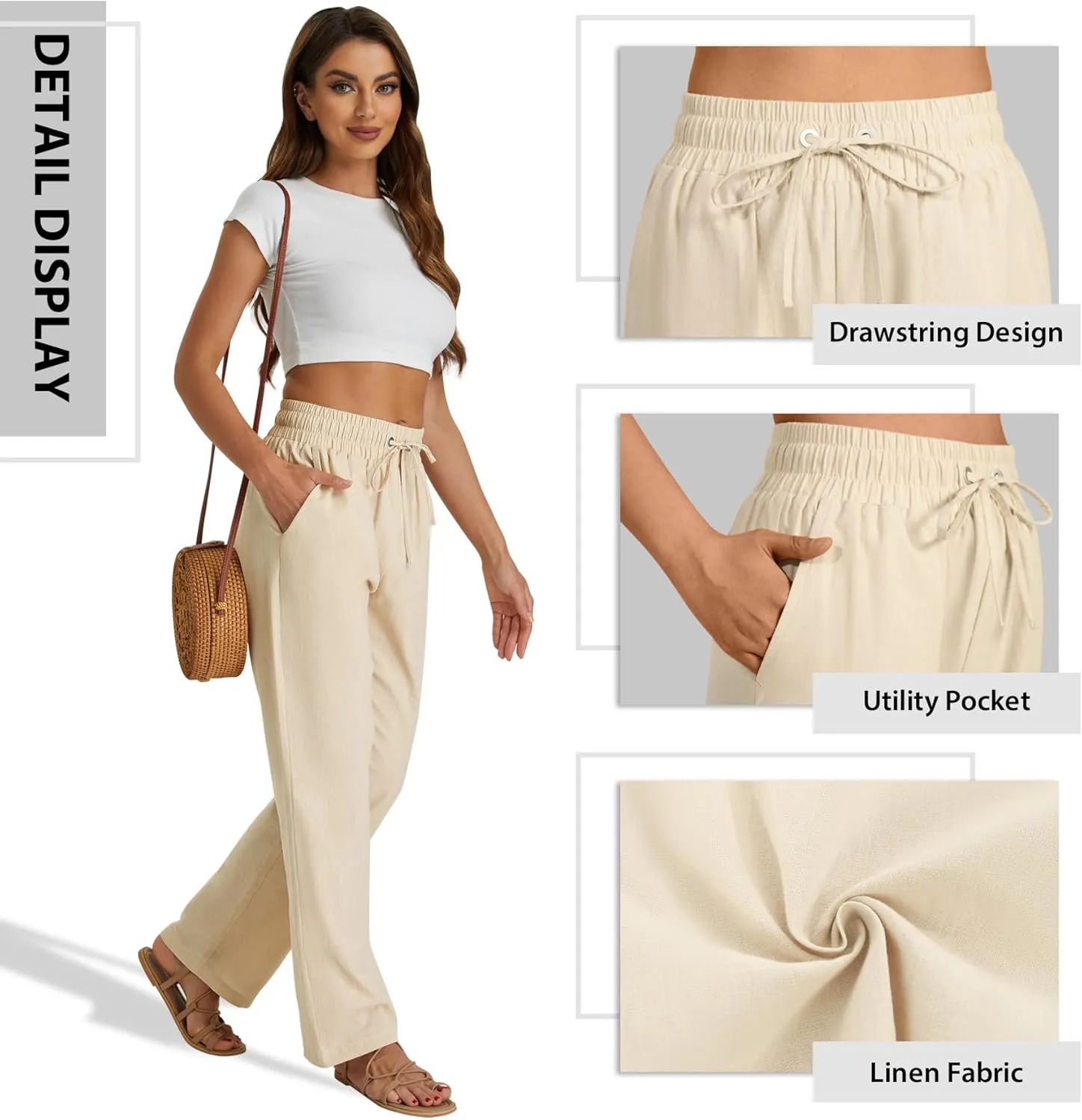 SEMARO Womens Casual Linen High Waist Pants Drawstring Loose Fit Summer Pants Trousers with Side Pockets