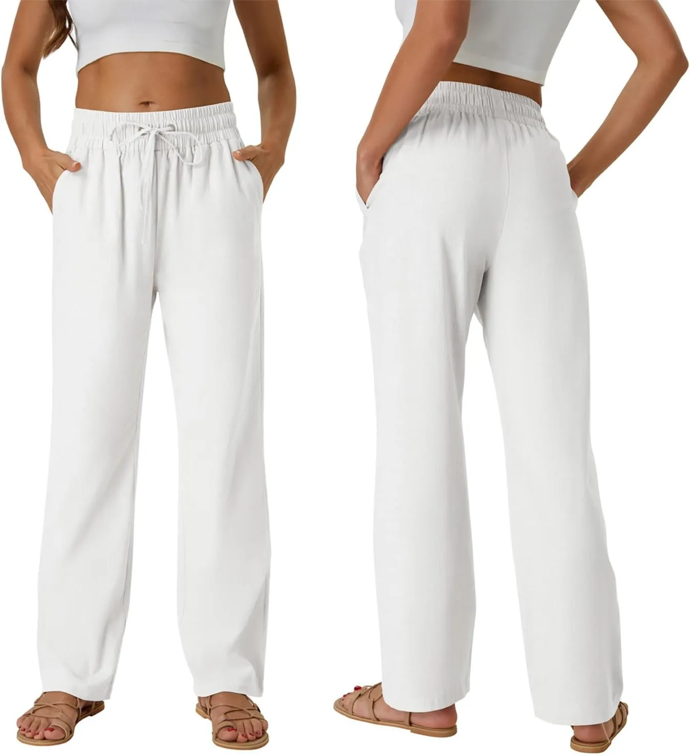 SEMARO Womens Casual Linen High Waist Pants Drawstring Loose Fit Summer Pants Trousers with Side Pockets
