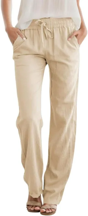 SEMARO Womens Casual Linen High Waist Pants Drawstring Loose Fit Summer Pants Trousers with Side Pockets