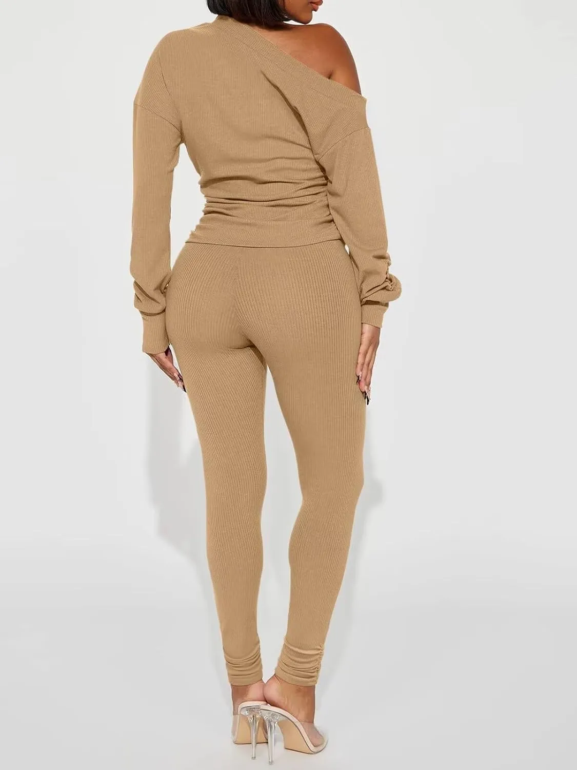 Sexy 2 Piece Outfits for Women One Off Shoulder Tops Ribbed Pant Set Tracksuit Clubwear