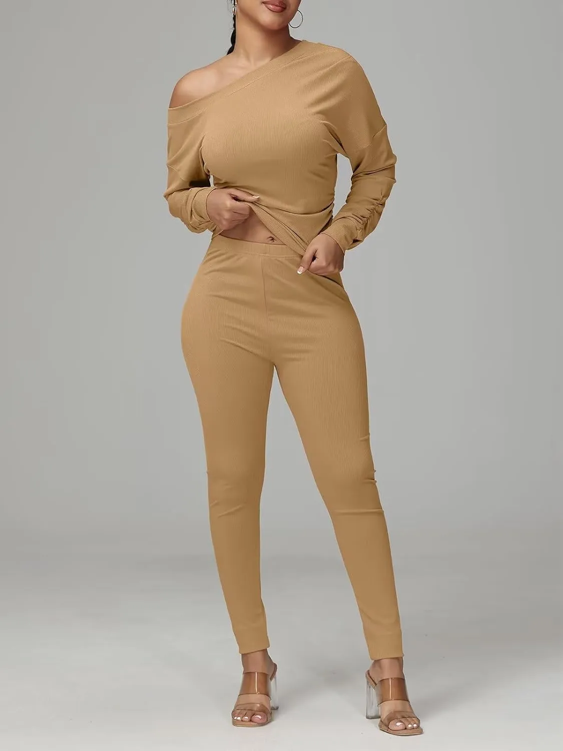 Sexy 2 Piece Outfits for Women One Off Shoulder Tops Ribbed Pant Set Tracksuit Clubwear