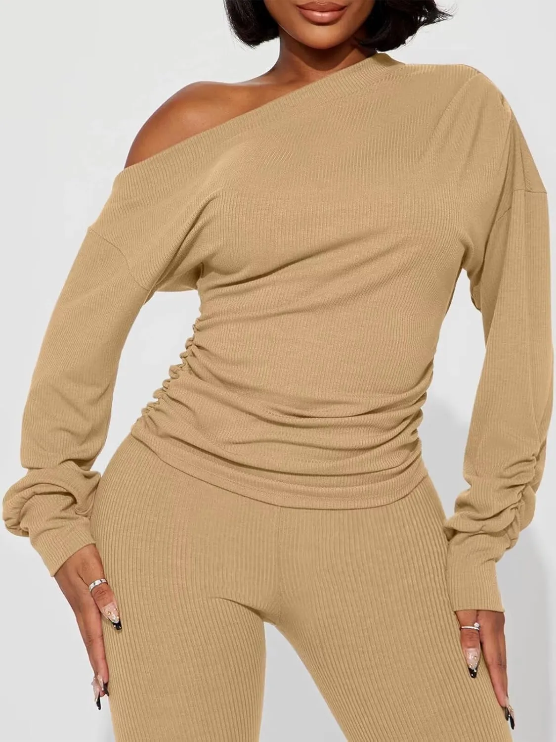 Sexy 2 Piece Outfits for Women One Off Shoulder Tops Ribbed Pant Set Tracksuit Clubwear