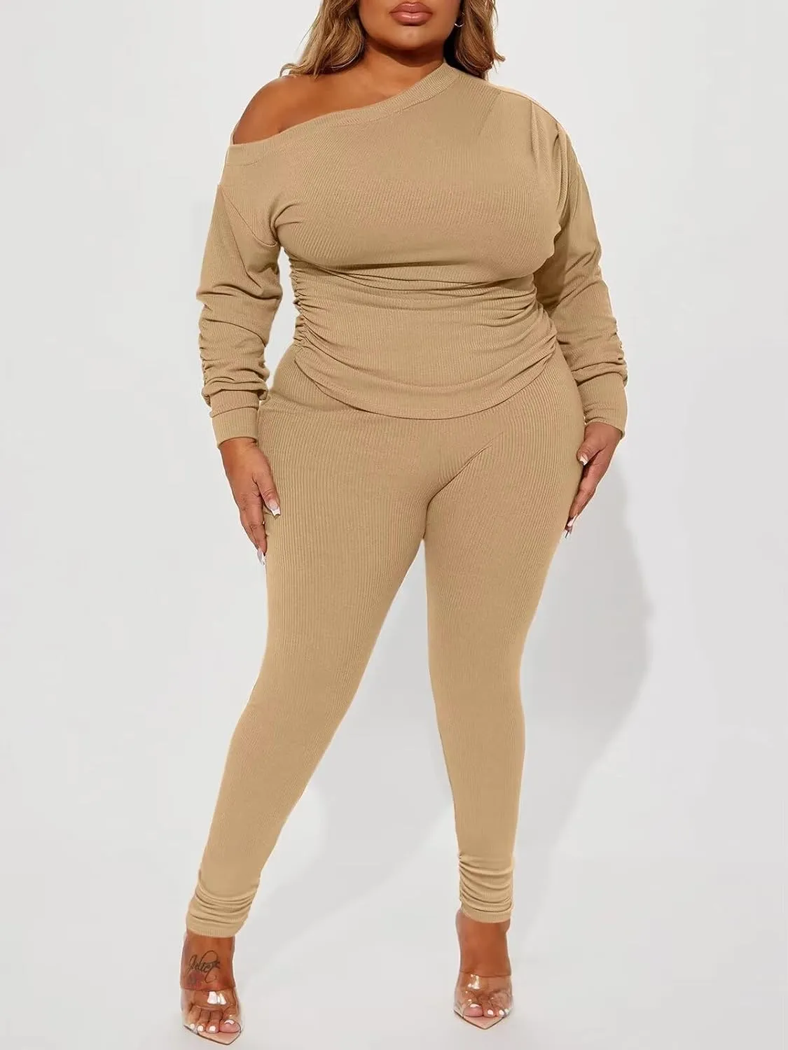 Sexy 2 Piece Outfits for Women One Off Shoulder Tops Ribbed Pant Set Tracksuit Clubwear
