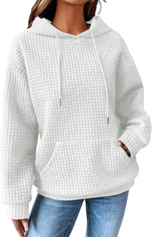 SHEWIN Womens Hoodies Casual Long Sleeve Drawstring Waffle Pullover Tops Loose Hooded Sweatshirt with Pocket