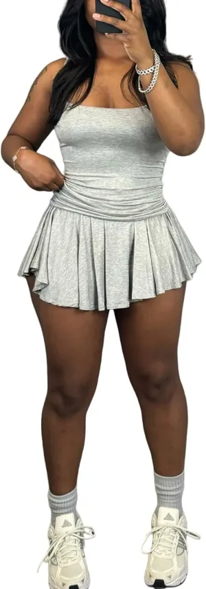 SHINFY Women's Skirt Sets 2 Piece Outfits Casual Workout Camisole Crop Tops Pleated Mini Skort Tennis Skirt Set