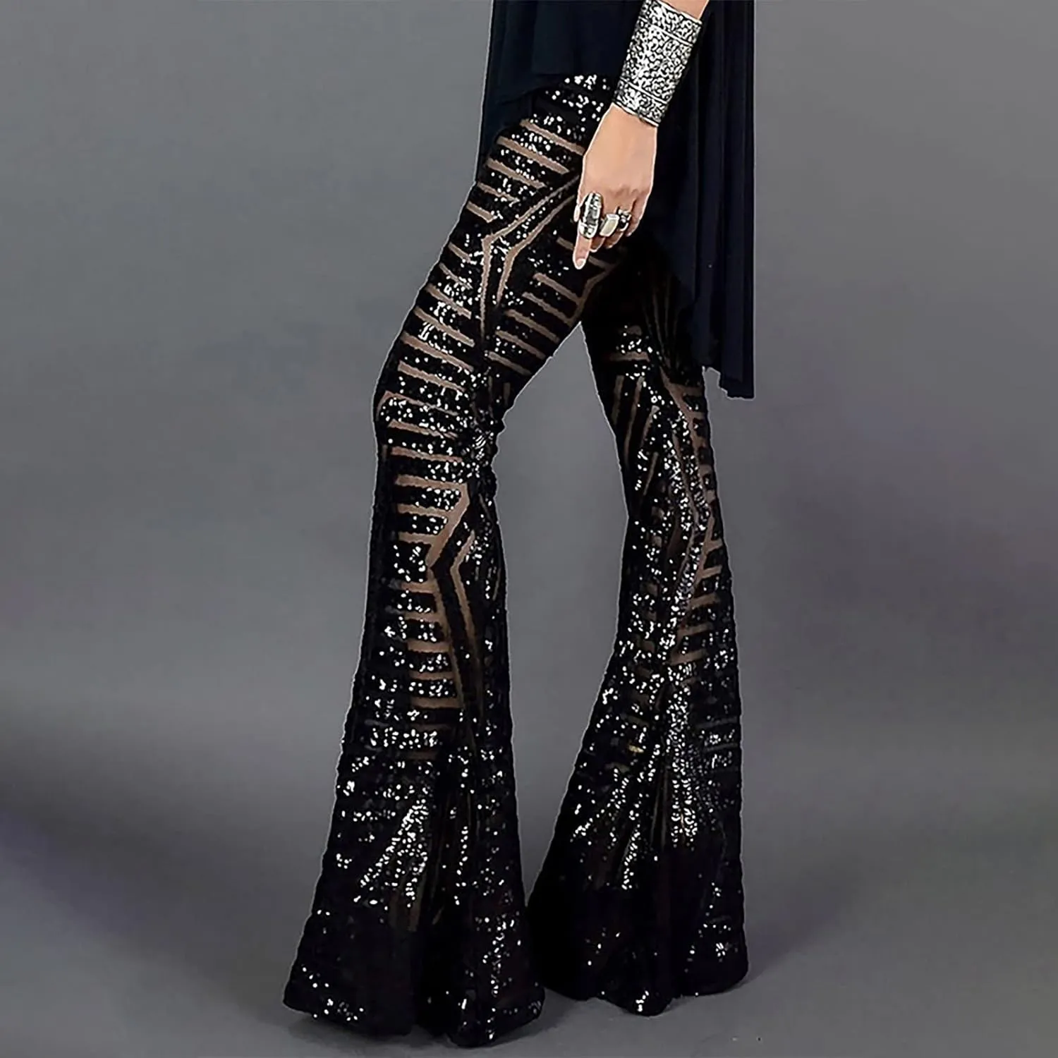 Shiny Metallic Flare Pants for Womens Sexy 70s Sequins Yoga Pants High Waist Bell Bottom Trousers Wide Leg Leggings