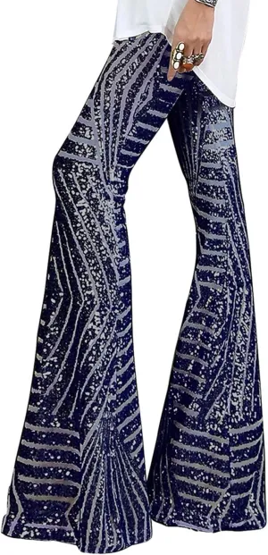 Shiny Metallic Flare Pants for Womens Sexy 70s Sequins Yoga Pants High Waist Bell Bottom Trousers Wide Leg Leggings