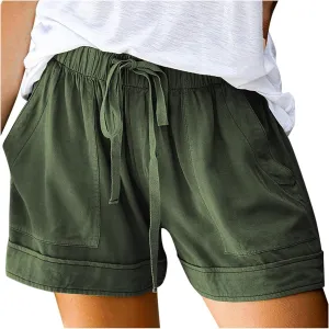 Short Pants Womens Summer Solid Color Causal Comfy Loose Fit Trousers with Pockets Drawstring Straight Leg Lounge Pants