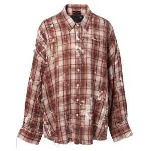 SHREDDED SEAM DROP NECKSHIRT / R472B:ORANGE PLAID WITH PAINT SPLATTER