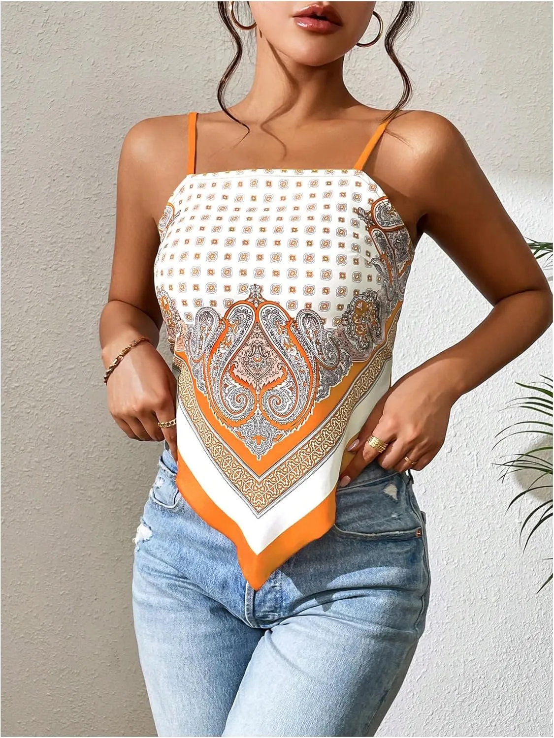 SOLY HUX Women's Paisley Print Bandana Hem Cami Top Spaghetti Strap Tie Back Summer Tops