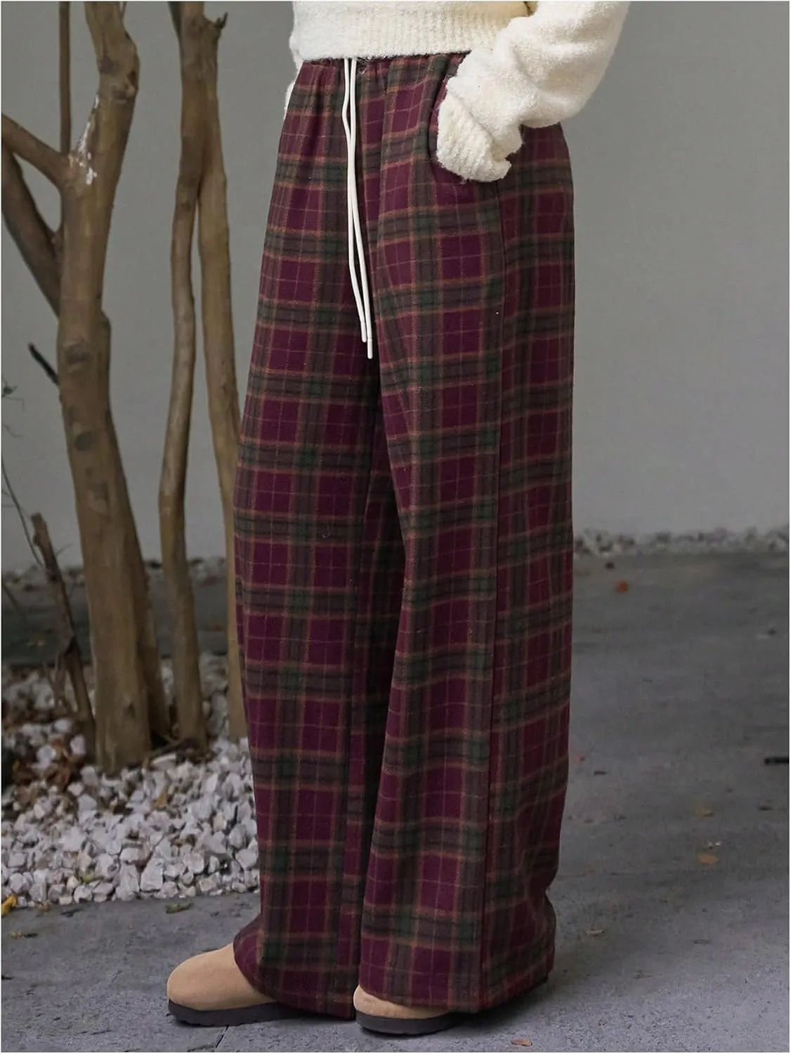 SOLY HUX Women's Plaid Checkered Pants Drawstring High Waisted Baggy Wide Leg Trousers with Pockets