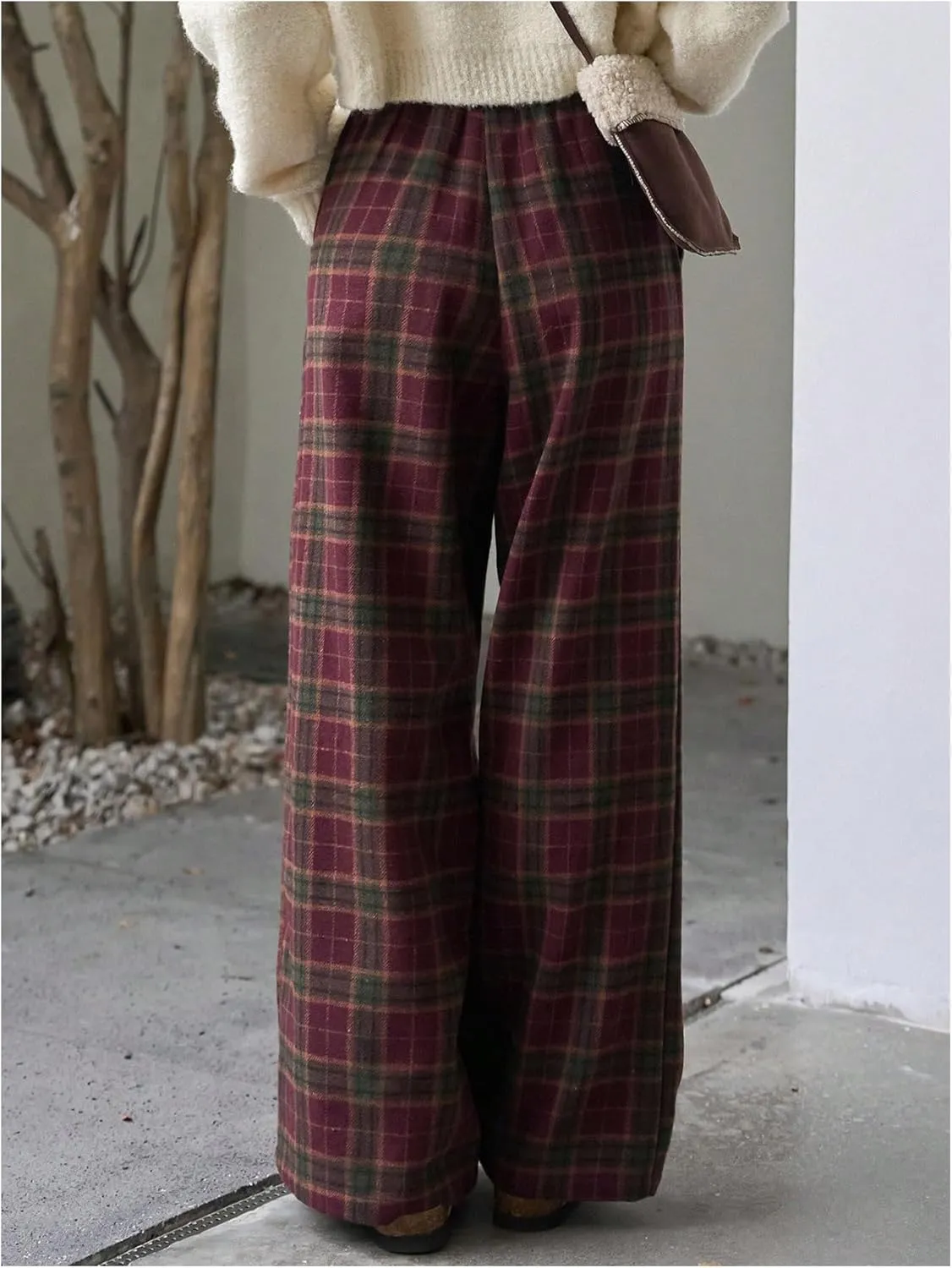 SOLY HUX Women's Plaid Checkered Pants Drawstring High Waisted Baggy Wide Leg Trousers with Pockets