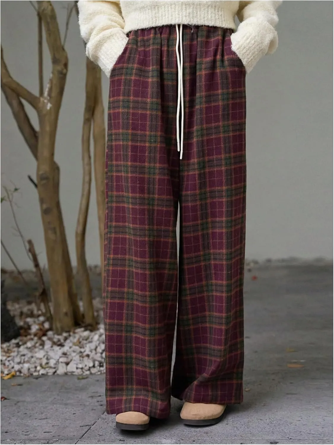 SOLY HUX Women's Plaid Checkered Pants Drawstring High Waisted Baggy Wide Leg Trousers with Pockets