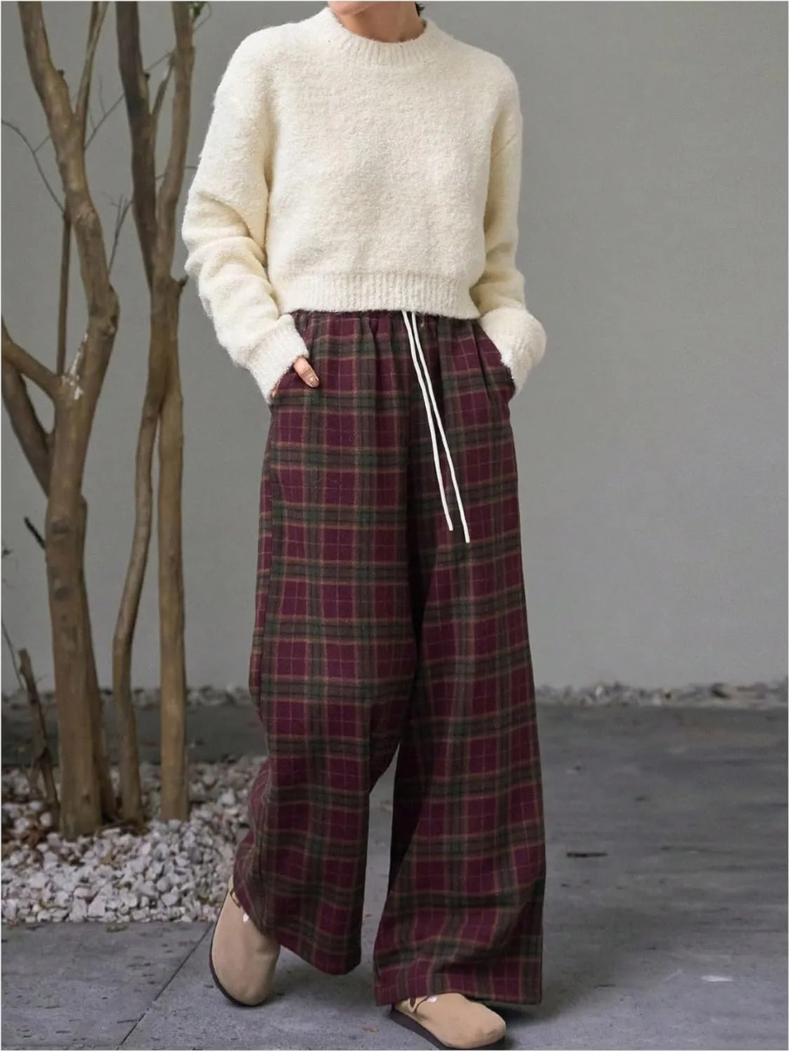 SOLY HUX Women's Plaid Checkered Pants Drawstring High Waisted Baggy Wide Leg Trousers with Pockets