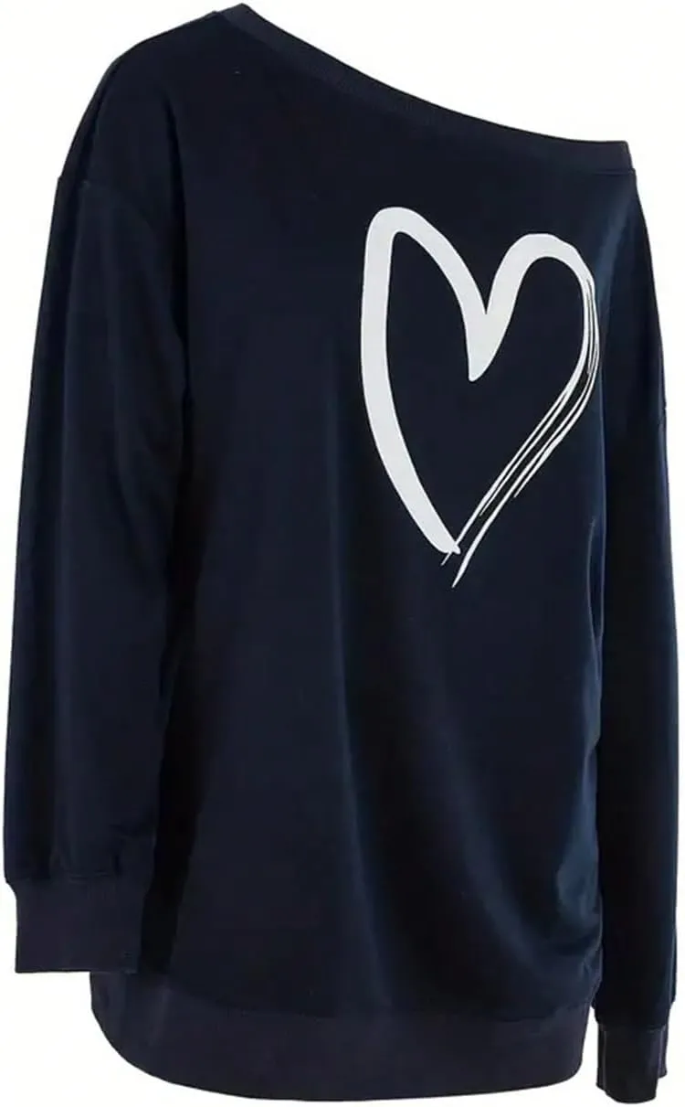 SOLY HUX Women's Plus Size Graphic Sweatshirt Off Shoulder Long Sleeve Heart Print Pullover Tops