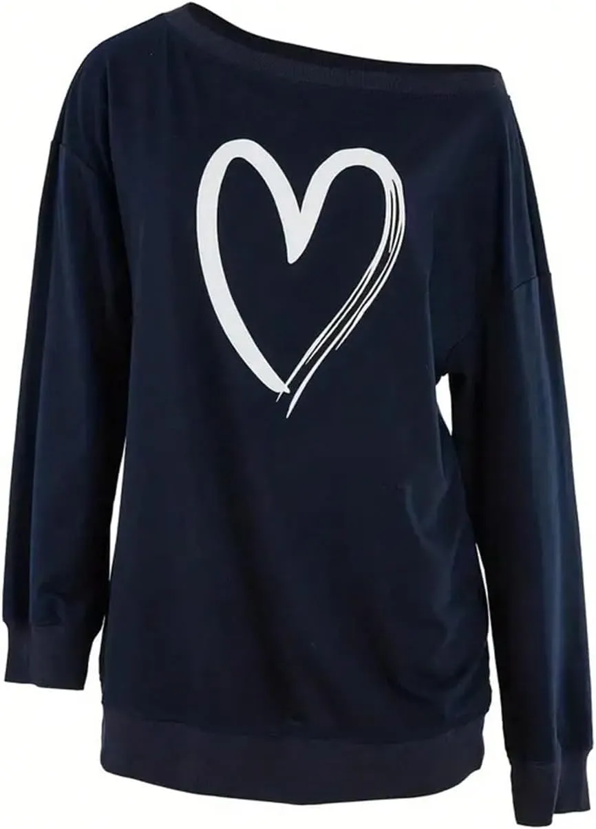 SOLY HUX Women's Plus Size Graphic Sweatshirt Off Shoulder Long Sleeve Heart Print Pullover Tops