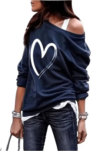 SOLY HUX Women's Plus Size Graphic Sweatshirt Off Shoulder Long Sleeve Heart Print Pullover Tops