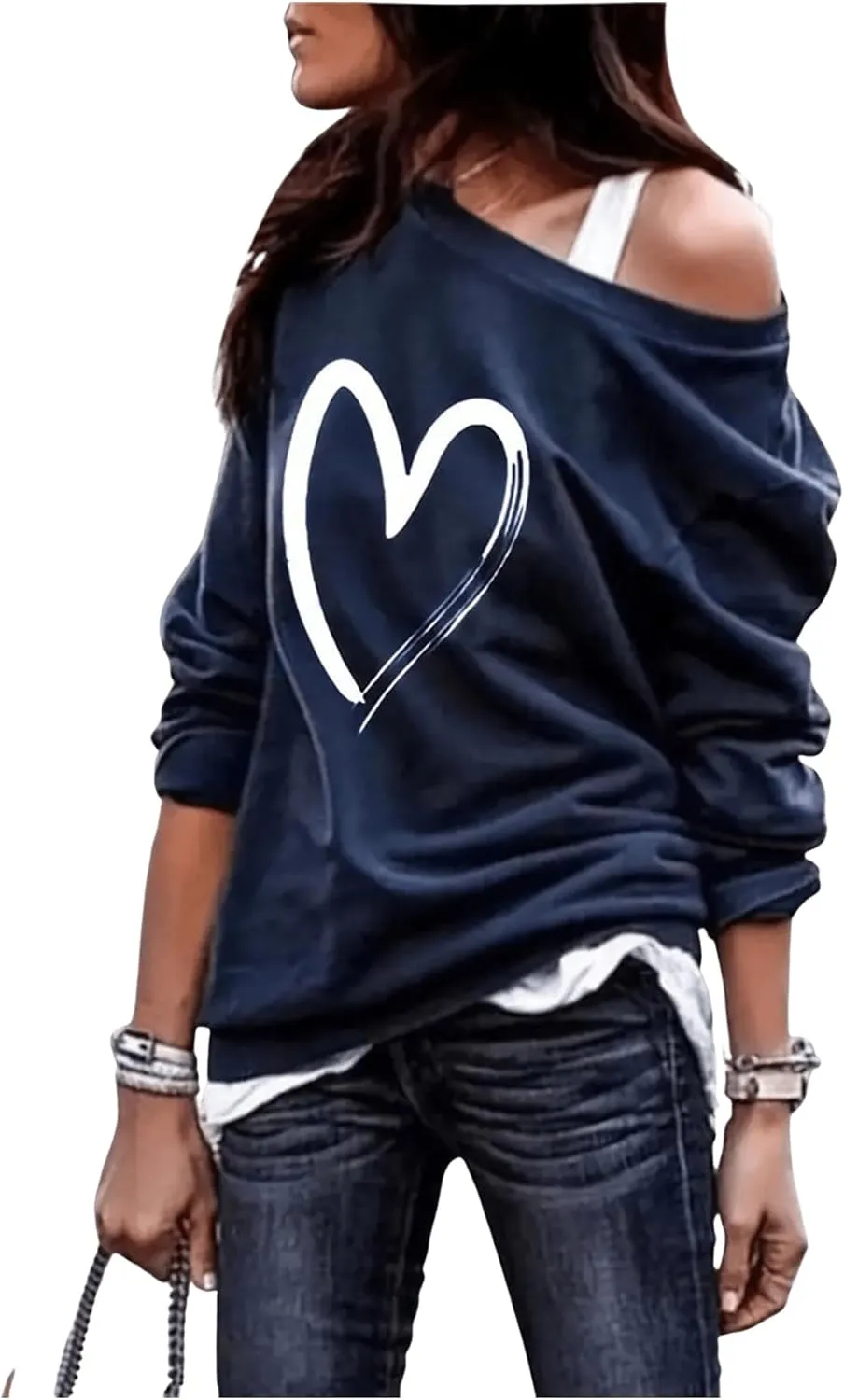 SOLY HUX Women's Plus Size Graphic Sweatshirt Off Shoulder Long Sleeve Heart Print Pullover Tops